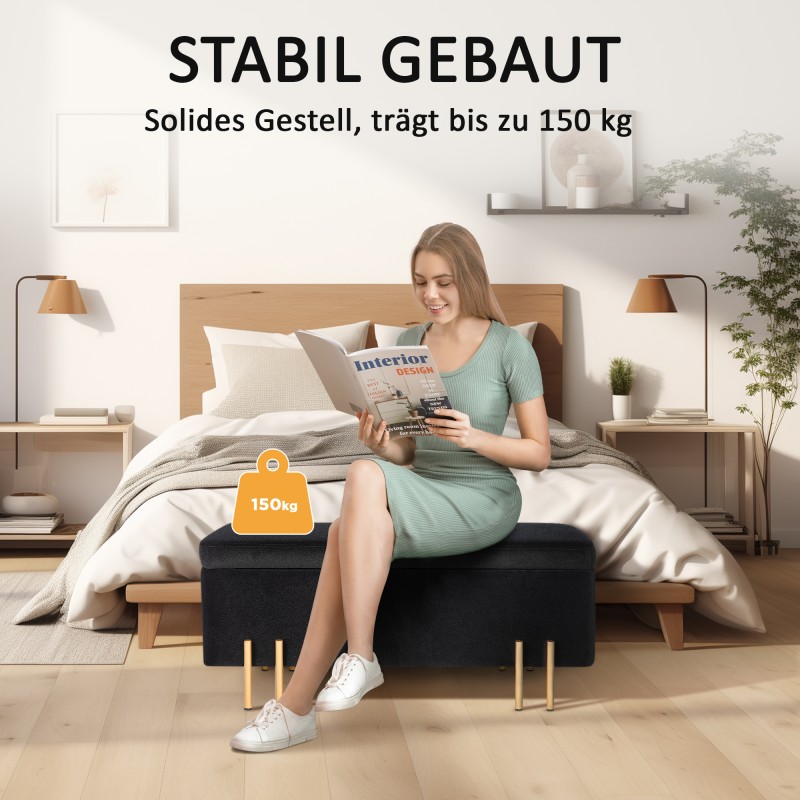 Säilytyspenkki eteiseen, kumipuu ja metalli, samettimainen verhoilu, 100 x 40 x 42 cm, musta