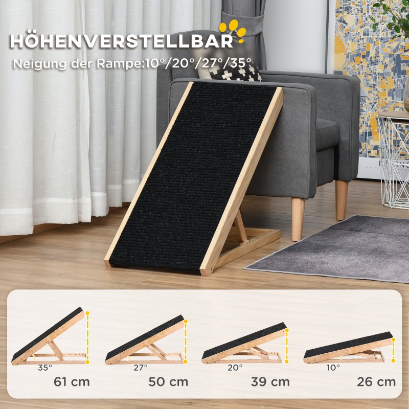Säädettävä lemmikkiramppi koirille ja kissoille, mäntypuu ja polyesteri, 90 x 40 x 61 cm, musta/luonnonpuu