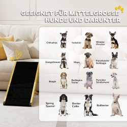 Koiran ramppi, säädettävä puinen lemmikkiramppi 4 tasolla, taitettava, mäntypuu, enint. 15 kg, luonnonpuu/musta