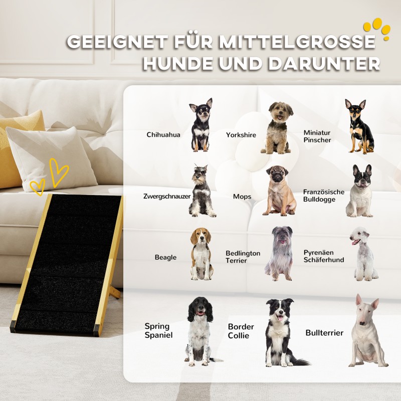 Koiran ramppi, säädettävä puinen lemmikkiramppi 4 tasolla, taitettava, mäntypuu, enint. 15 kg, luonnonpuu/musta