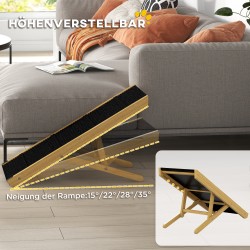 Koiran ramppi, säädettävä puinen lemmikkiramppi 4 tasolla, taitettava, mäntypuu, enint. 15 kg, luonnonpuu/musta