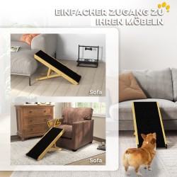 Koiran ramppi, säädettävä puinen lemmikkiramppi 4 tasolla, taitettava, mäntypuu, enint. 15 kg, luonnonpuu/musta