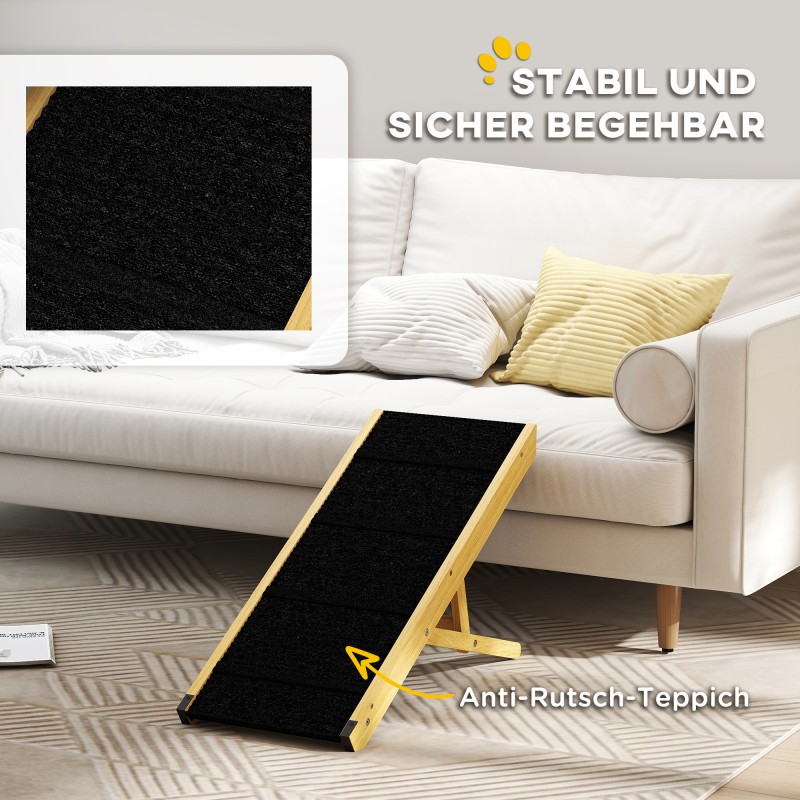 Koiran ramppi, säädettävä puinen lemmikkiramppi 4 tasolla, taitettava, mäntypuu, enint. 15 kg, luonnonpuu/musta