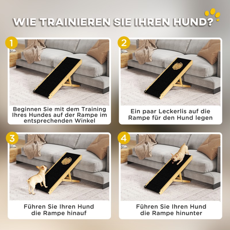 Koiran ramppi, säädettävä puinen lemmikkiramppi 4 tasolla, taitettava, mäntypuu, enint. 15 kg, luonnonpuu/musta