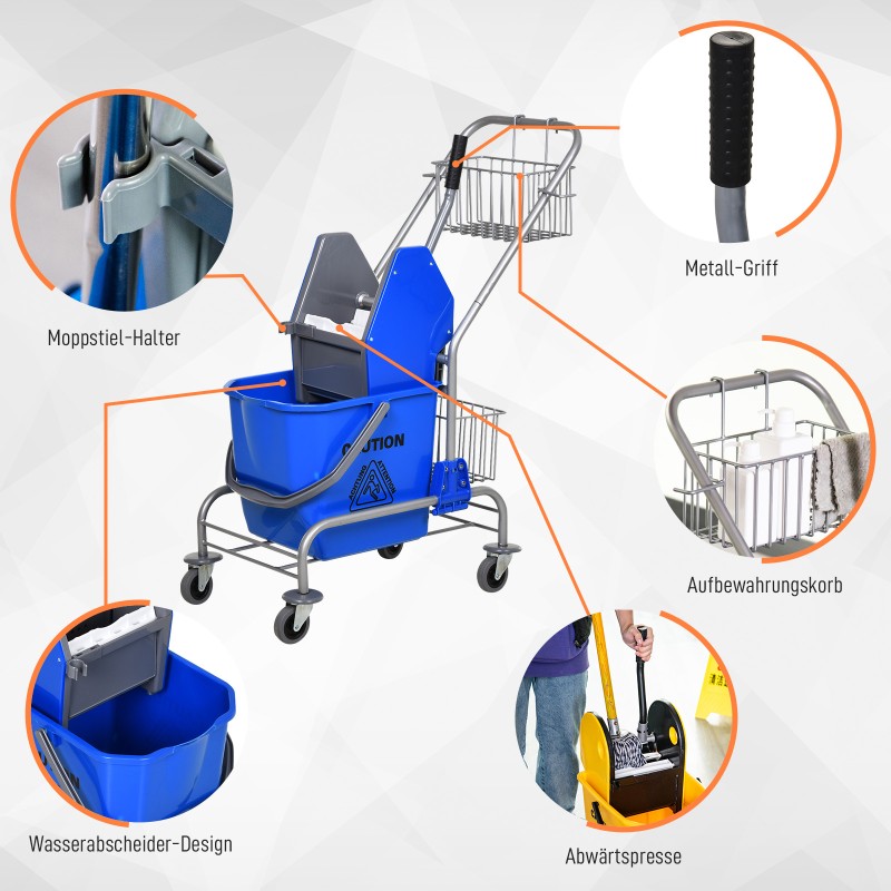 Siivousvaunu 26 L ämpärillä ja puristimella, muovi/metalli, sininen, pyörillä