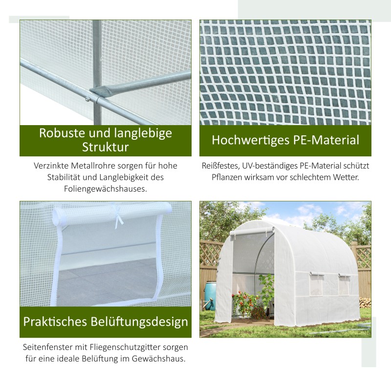 Kasvihuone PE-katteella 245 x 200 x 200 cm, sinkitty teräsrunko, ovella ja ikkunoilla, valkoinen