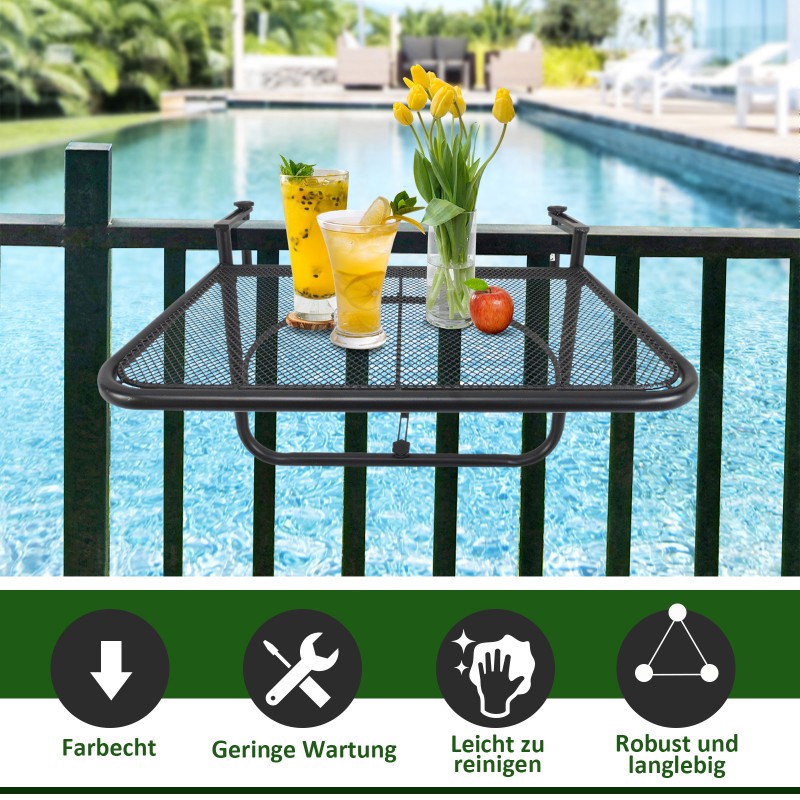 Ripustettava parvekepöytä terassille, metalli, säädettävä korkeus, 60 x 56,5 x 45 cm, musta