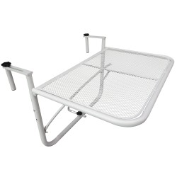 Parvekekaiteeseen ripustettava metallinen parvekepöytä 3 portainen korkeussäätö 60 x 56 cm valkoinen