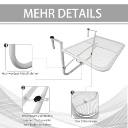 Parvekekaiteeseen ripustettava metallinen parvekepöytä, 3-portainen korkeussäätö, 60 x 56 cm, valkoinen