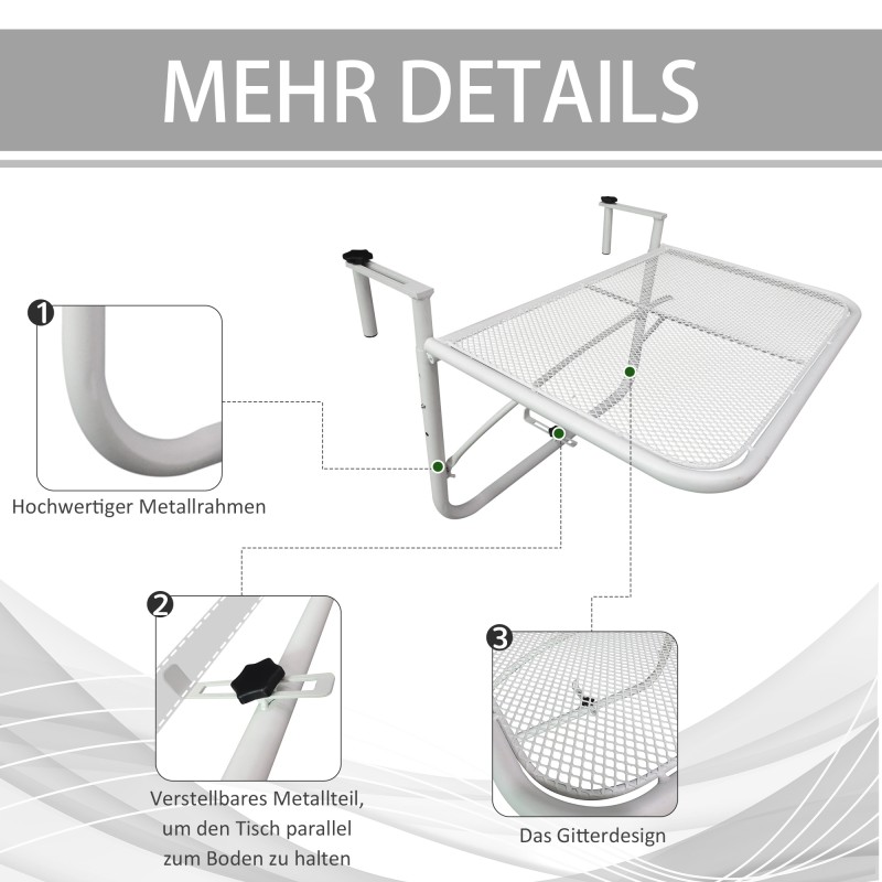 Parvekekaiteeseen ripustettava metallinen parvekepöytä, 3-portainen korkeussäätö, 60 x 56 cm, valkoinen