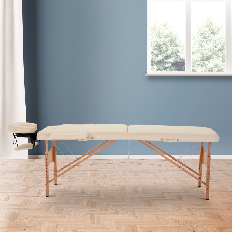 Hierontapöytä taitettava, korkeussäädettävä, pyökkirunko ja keinonahka, 210 x 81 cm, creme