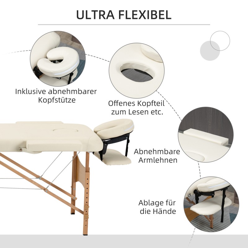 Hierontapöytä taitettava, korkeussäädettävä, pyökkirunko ja keinonahka, 210 x 81 cm, creme