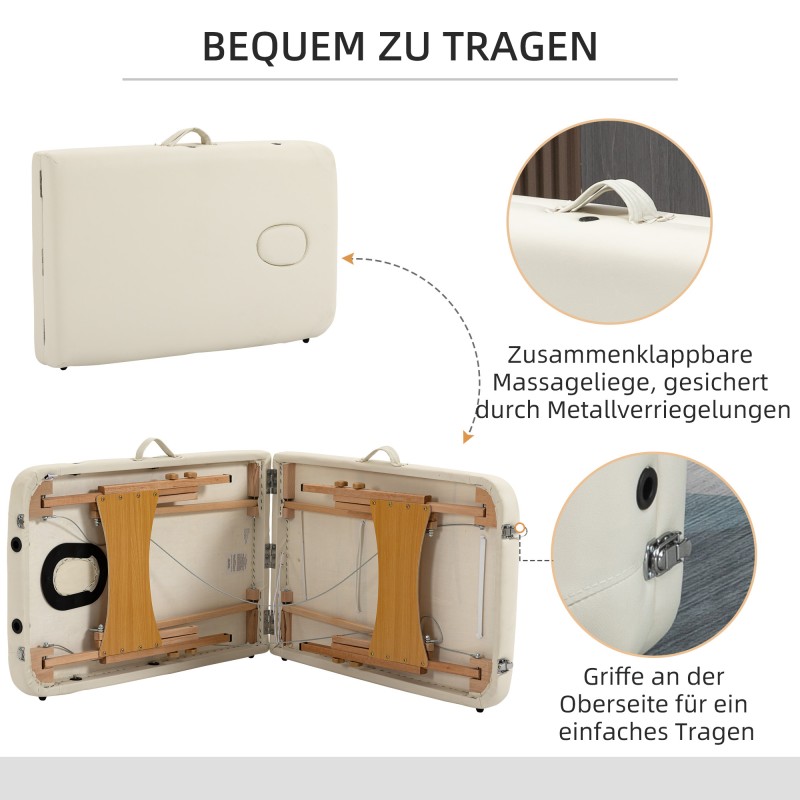 Hierontapöytä taitettava, korkeussäädettävä, pyökkirunko ja keinonahka, 210 x 81 cm, creme