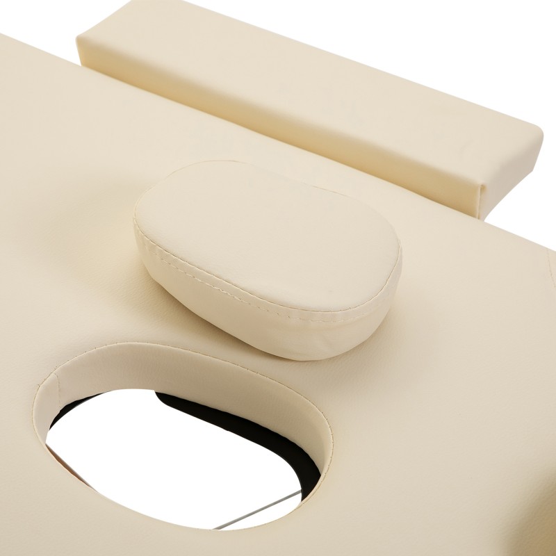 Hierontapöytä taitettava, korkeussäädettävä, pyökkirunko ja keinonahka, 210 x 81 cm, creme