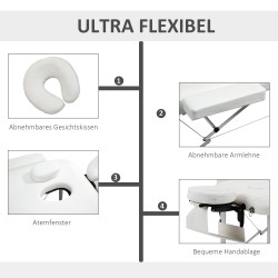 Kokoontaitettava hierontapöytä 3-osainen alumiinirunko 215 x 81 cm valkoinen, kantavuus 225 kg