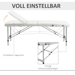 Kokoontaitettava hierontapöytä 3-osainen alumiinirunko 215 x 81 cm valkoinen, kantavuus 225 kg