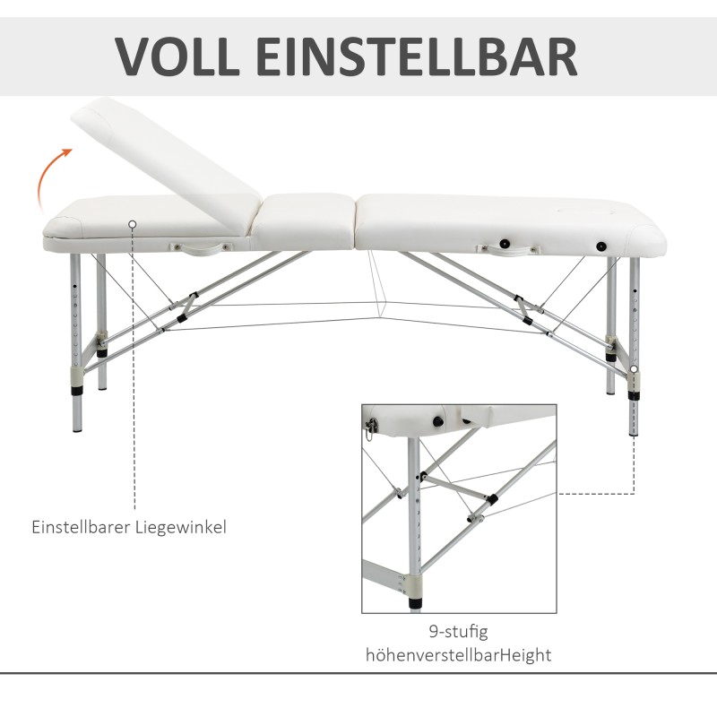 Kokoontaitettava hierontapöytä 3-osainen alumiinirunko 215 x 81 cm valkoinen, kantavuus 225 kg