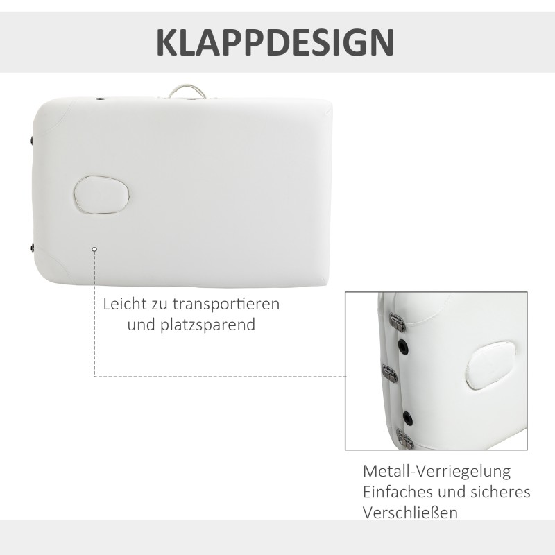 Kokoontaitettava hierontapöytä 3-osainen alumiinirunko 215 x 81 cm valkoinen, kantavuus 225 kg