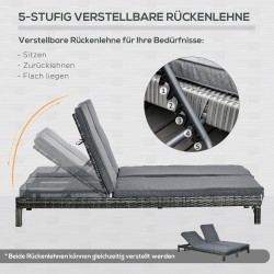 Kahden hengen polyrottinki aurinkosänky ulkokäyttöön, metallirunko, harmaa 196 x 120 x 28 cm