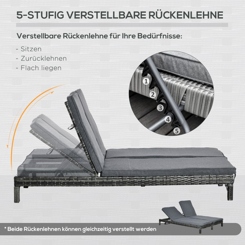 Kahden hengen polyrottinki aurinkosänky ulkokäyttöön, metallirunko, harmaa 196 x 120 x 28 cm