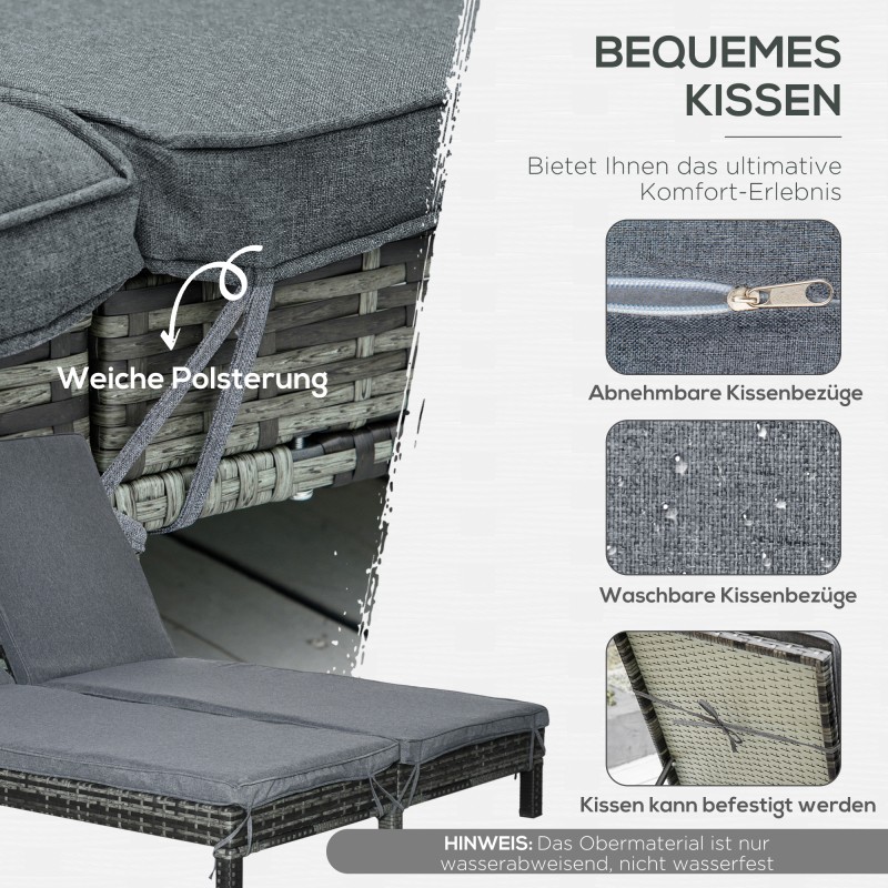 Kahden hengen polyrottinki aurinkosänky ulkokäyttöön, metallirunko, harmaa 196 x 120 x 28 cm