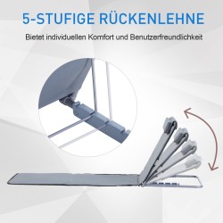 Taitettava puutarhalepotuoli 2 kpl, säädettävä selkänoja ja päätyyny, teräsrunko, harmaa