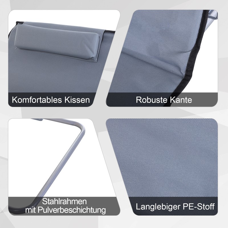 Taitettava puutarhalepotuoli 2 kpl, säädettävä selkänoja ja päätyyny, teräsrunko, harmaa