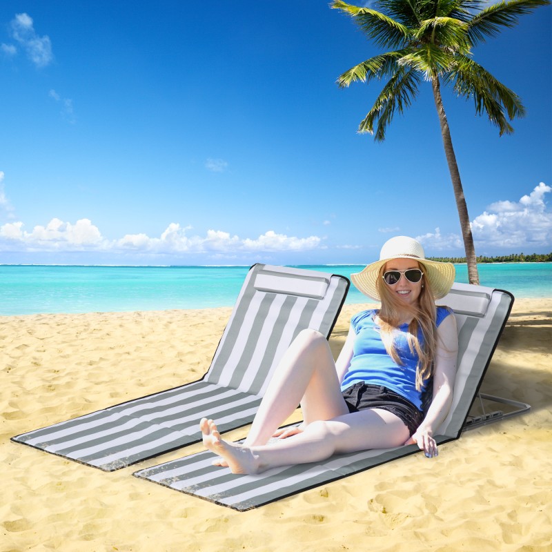 Taitettava aurinkotuolisetti ulkokäyttöön, 2 kpl, säädettävä selkänoja, kantokassi, vaaleanharmaa