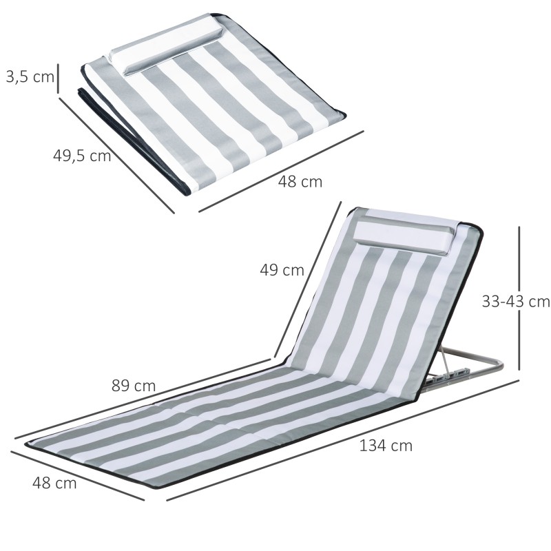 Taitettava aurinkotuolisetti ulkokäyttöön, 2 kpl, säädettävä selkänoja, kantokassi, vaaleanharmaa