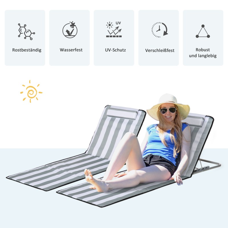 Taitettava aurinkotuolisetti ulkokäyttöön, 2 kpl, säädettävä selkänoja, kantokassi, vaaleanharmaa