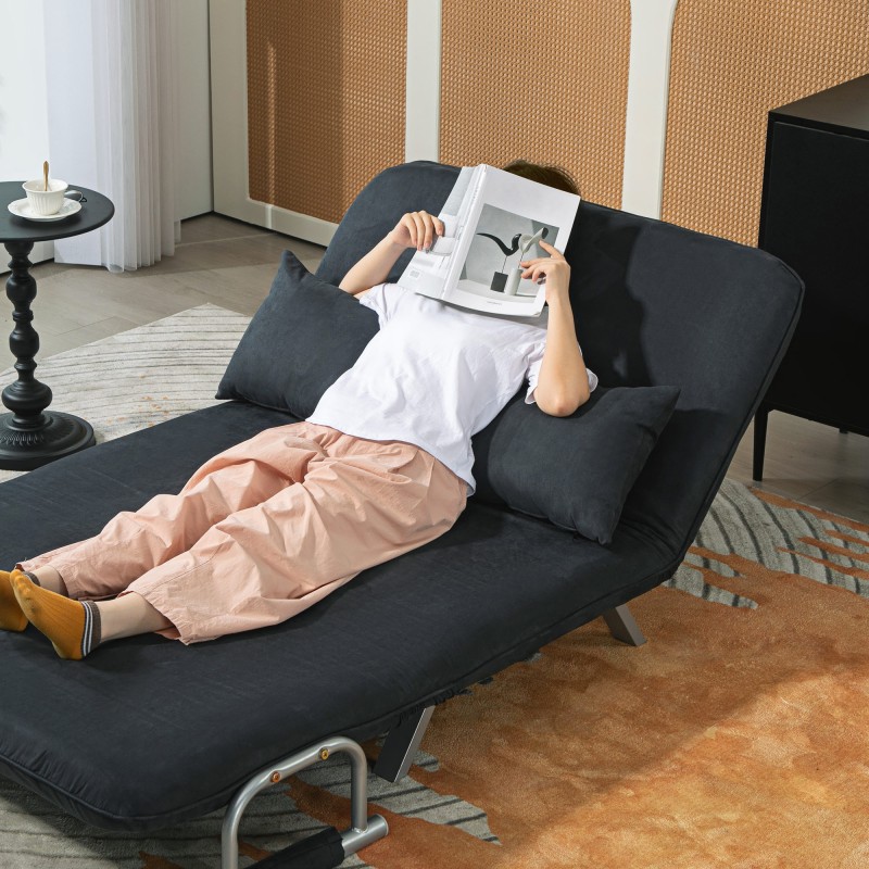 Kahden istuttava vuodesohva, 5-asentoinen selkänoja, mokkajäljitelmä, teräsrunko, musta