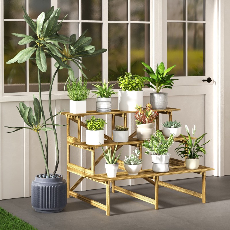 Puinen kolmiportainen kukkateline ulkokäyttöön, kuusi, 120 x 80 x 78 cm, luonnonvärinen