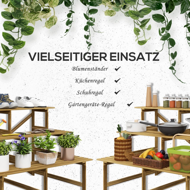 Puinen kolmiportainen kukkateline ulkokäyttöön, kuusi, 120 x 80 x 78 cm, luonnonvärinen