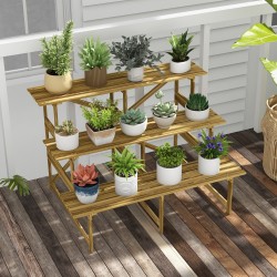 Puinen kolmiportainen kukkateline ulkokäyttöön, kuusi, 120 x 80 x 78 cm, luonnonvärinen