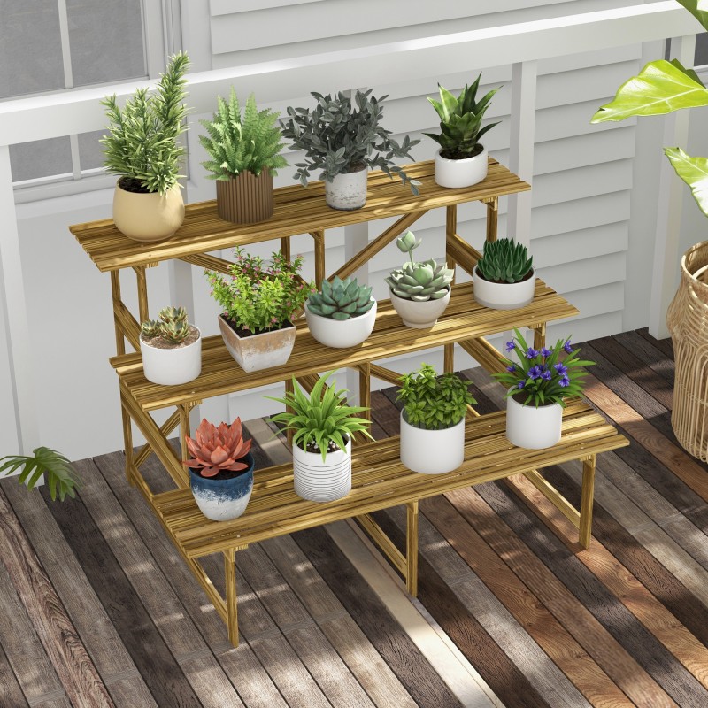 Puinen kolmiportainen kukkateline ulkokäyttöön, kuusi, 120 x 80 x 78 cm, luonnonvärinen