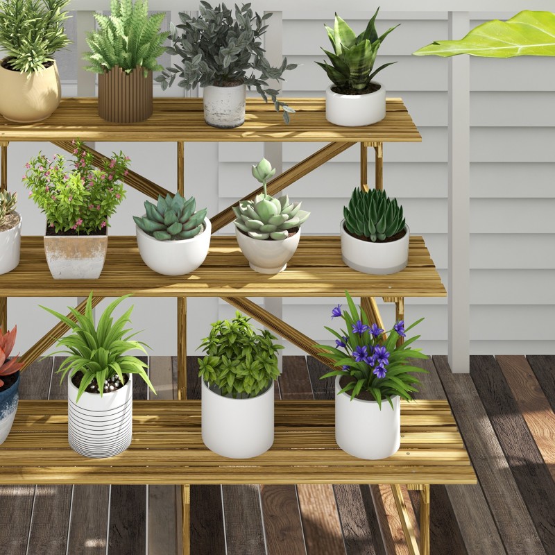 Puinen kolmiportainen kukkateline ulkokäyttöön, kuusi, 120 x 80 x 78 cm, luonnonvärinen