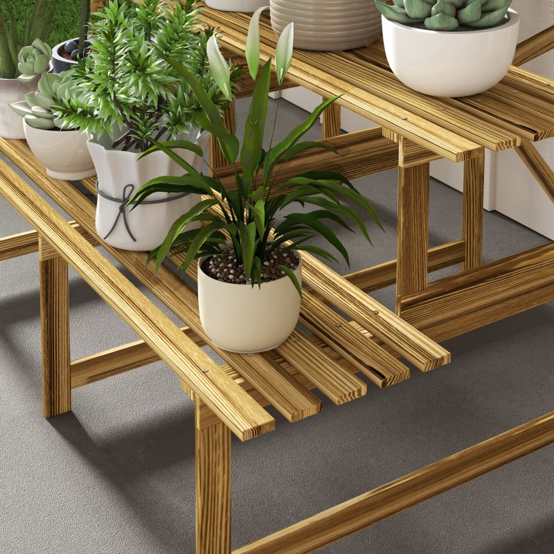 Puinen kolmiportainen kukkateline ulkokäyttöön, kuusi, 120 x 80 x 78 cm, luonnonvärinen