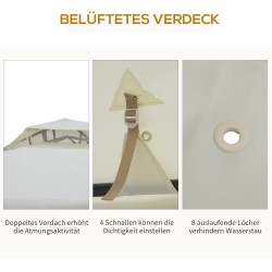 Pihapaviljonki terassille, metallirunko, kaksikerroksinen katto, hyttysverkko ja sivuseinät, 3 x 3 m, kermanvalkoinen