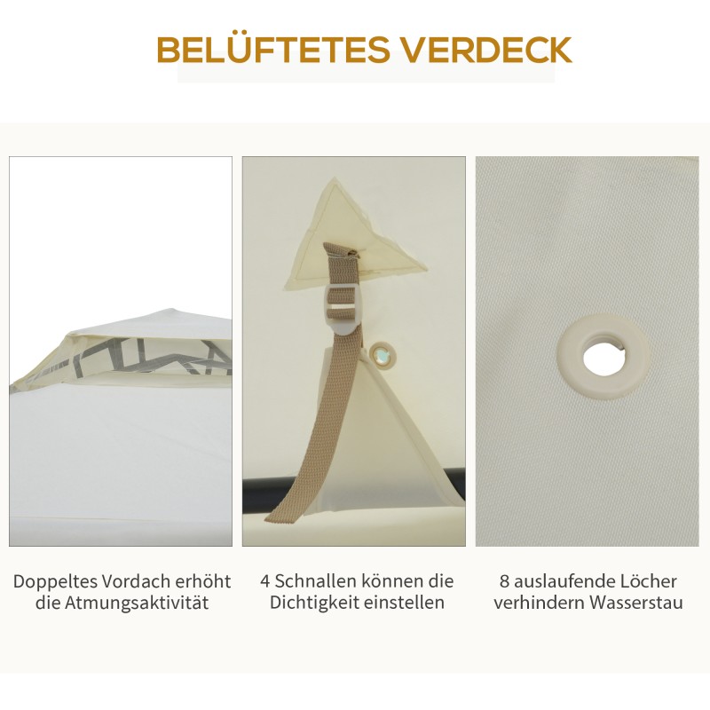 Pihapaviljonki terassille, metallirunko, kaksikerroksinen katto, hyttysverkko ja sivuseinät, 3 x 3 m, kermanvalkoinen