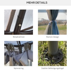 Puutarhapaviljonki metallia 3 x 3 m, kaksikerroksinen vedenpitävä katto, moskiittoverkko, vaaleanharmaa