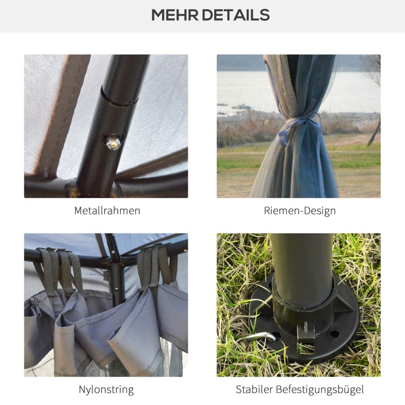 Puutarhapaviljonki metallia 3 x 3 m, kaksikerroksinen vedenpitävä katto, moskiittoverkko, vaaleanharmaa