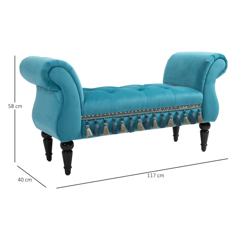 Samettipäällysteinen istuinpenkki käsinojilla, puurunko, 117 x 40 x 58 cm, sininen