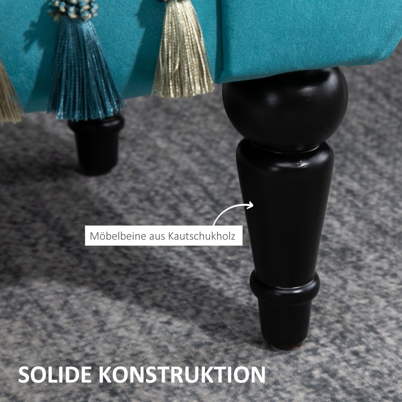 Samettipäällysteinen istuinpenkki käsinojilla, puurunko, 117 x 40 x 58 cm, sininen