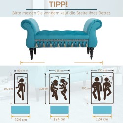 Samettipäällysteinen istuinpenkki käsinojilla, puurunko, 117 x 40 x 58 cm, sininen