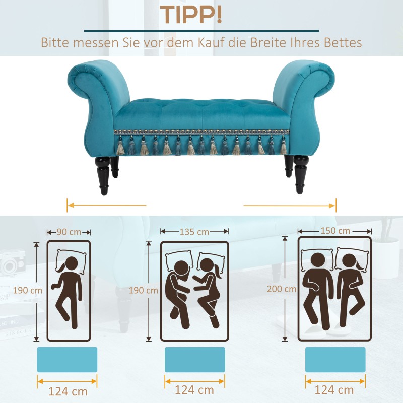 Samettipäällysteinen istuinpenkki käsinojilla, puurunko, 117 x 40 x 58 cm, sininen