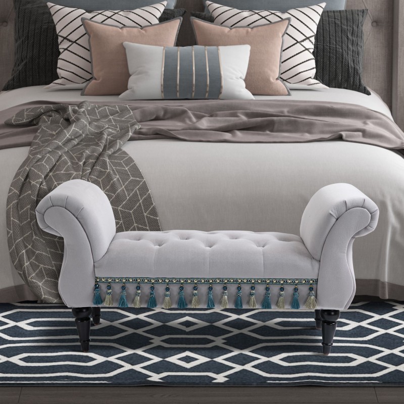 Verhoiltu samettipenkki käsinojilla, puurunko 117 x 40 x 58 cm, vaaleanharmaa