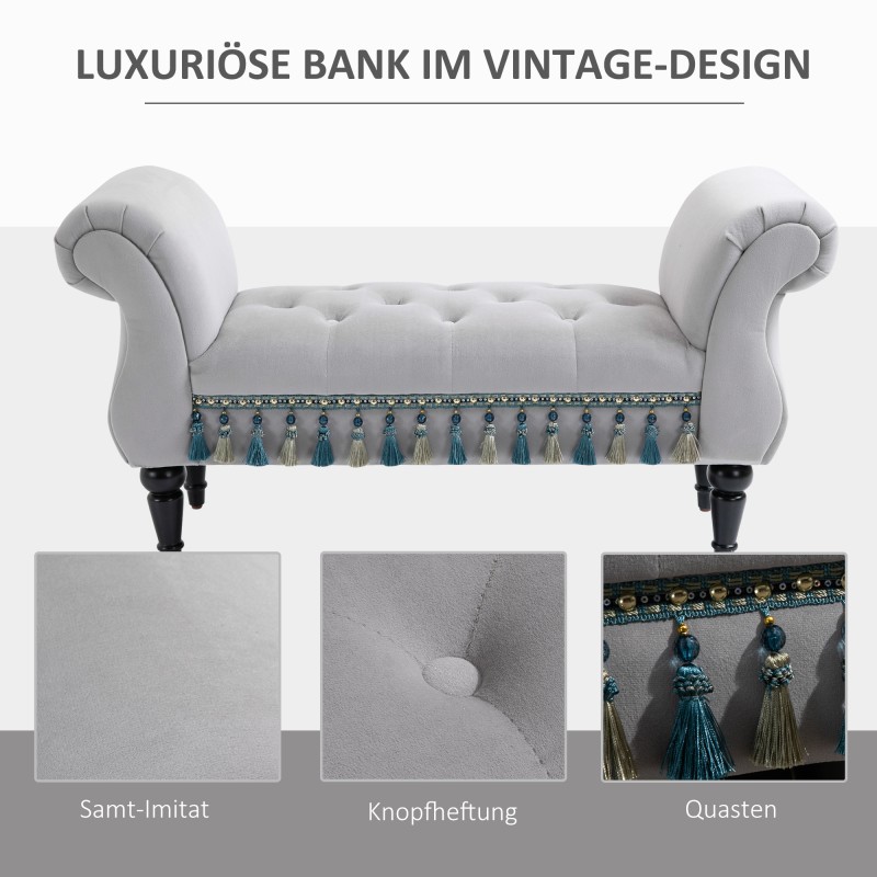 Verhoiltu samettipenkki käsinojilla, puurunko 117 x 40 x 58 cm, vaaleanharmaa