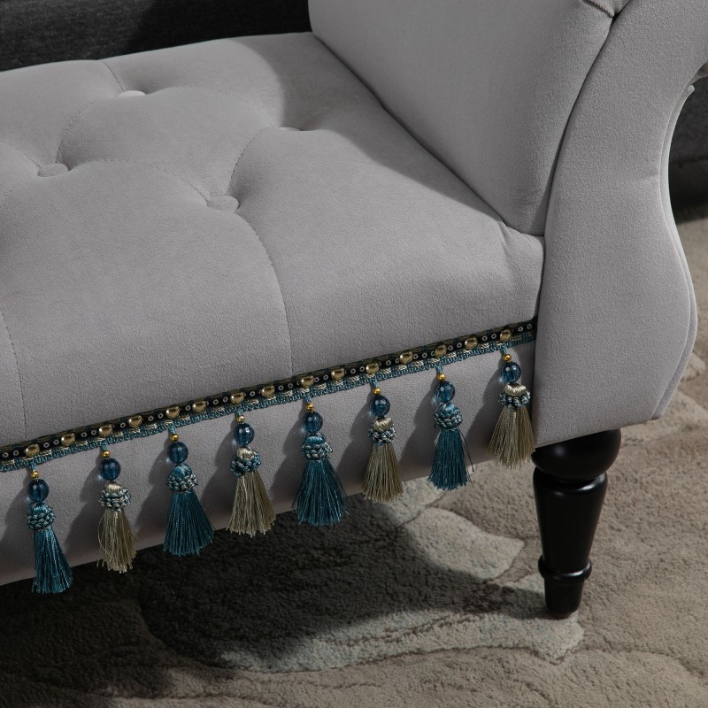 Verhoiltu samettipenkki käsinojilla, puurunko 117 x 40 x 58 cm, vaaleanharmaa