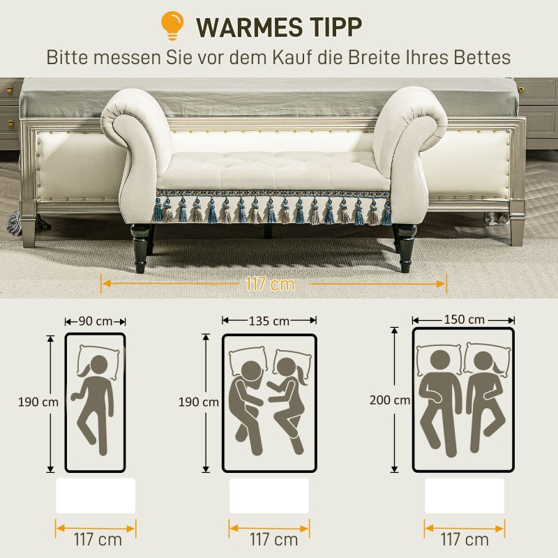 Verhoiltu penkki vintage-tyyli 117x40x58 cm samettimainen kangas beige, kantavuus 150 kg