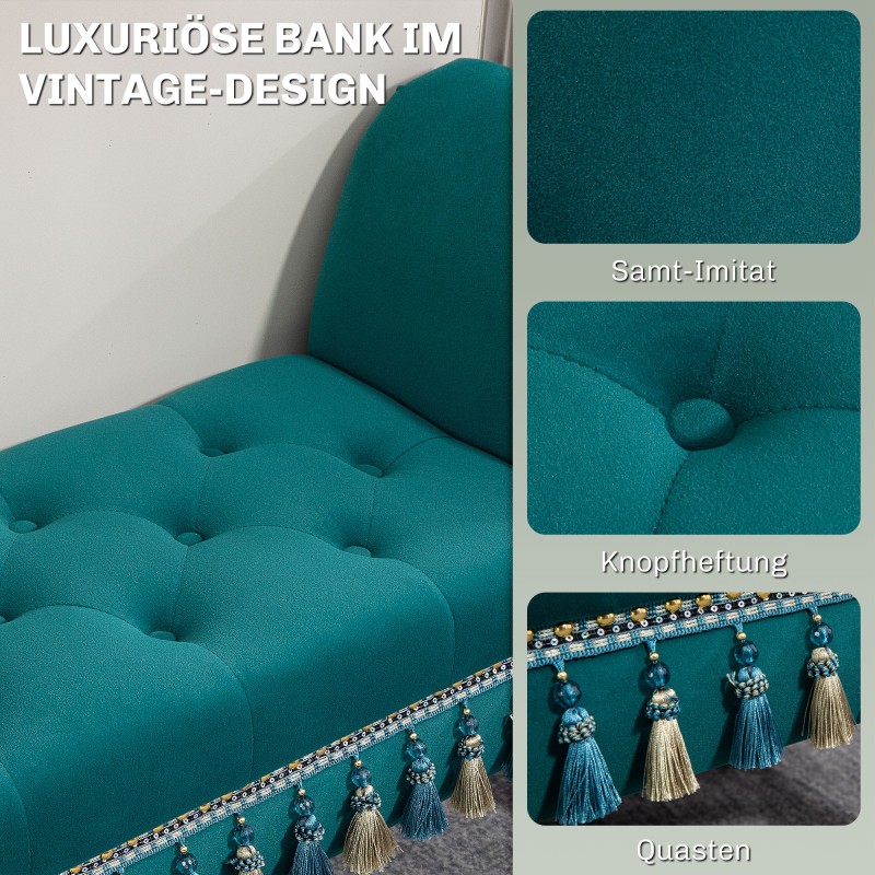 Samettinen vintage-istuinpenkki käsinojilla 117x40x58 cm, kantavuus 150 kg, vihreä